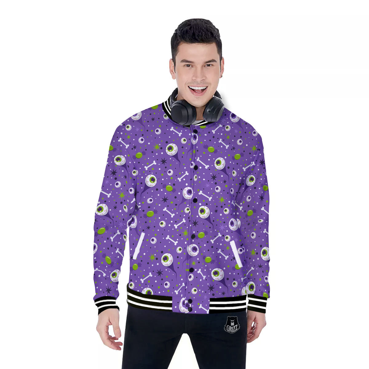 Eyeball Halloween Print Pattern Baseball Jacket-grizzshop