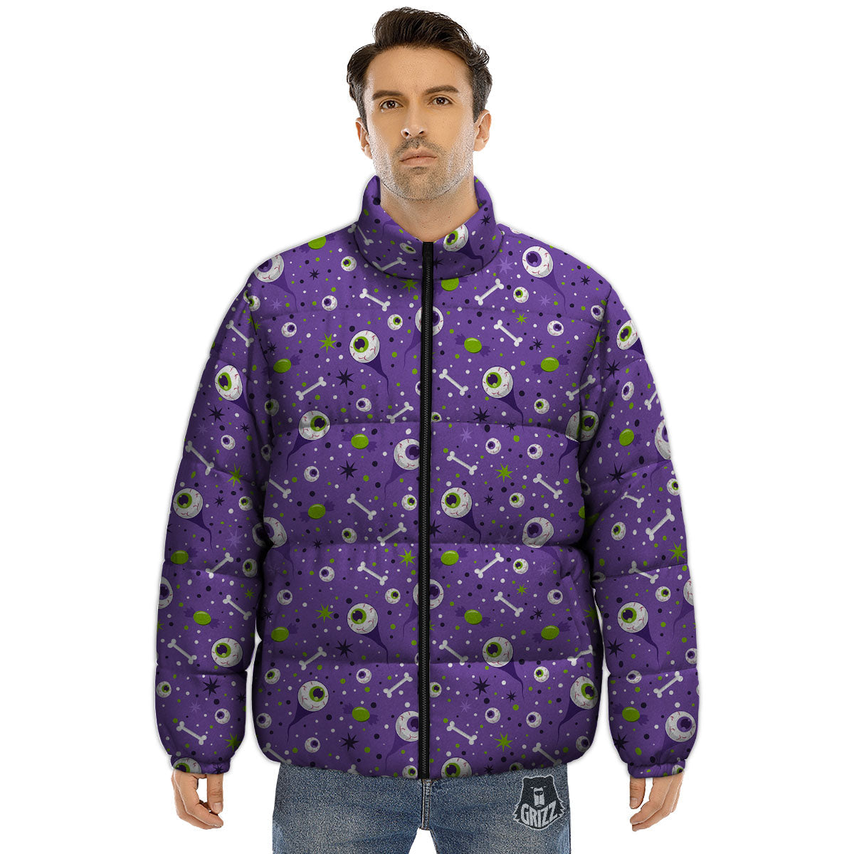 Eyeball Halloween Print Pattern Puffer Jacket-grizzshop