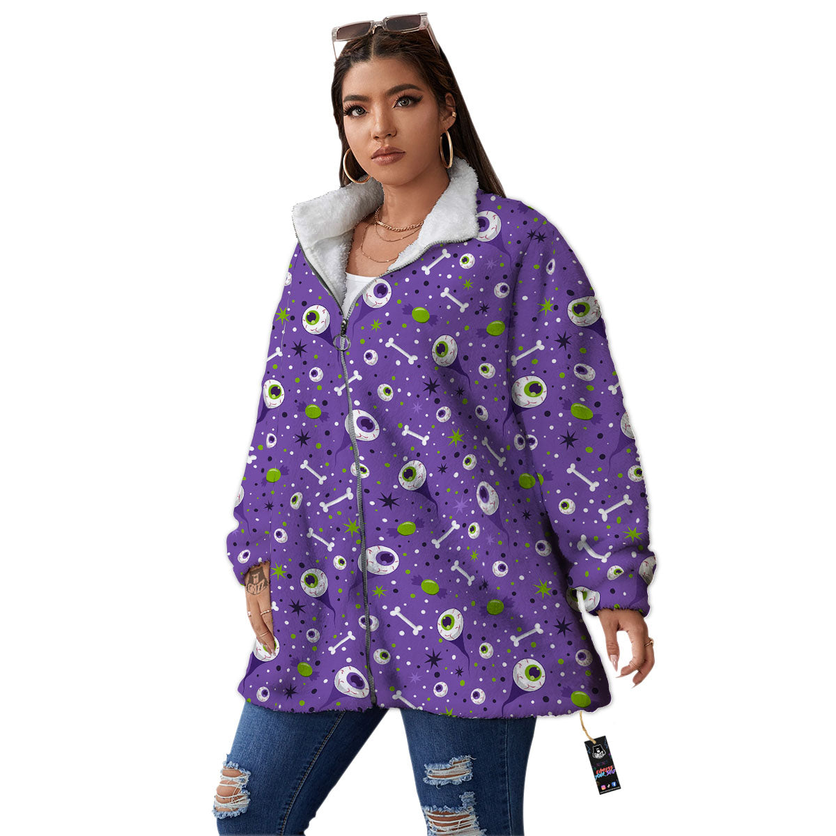 Eyeball Halloween Print Pattern Women's Sherpa Jacket-grizzshop