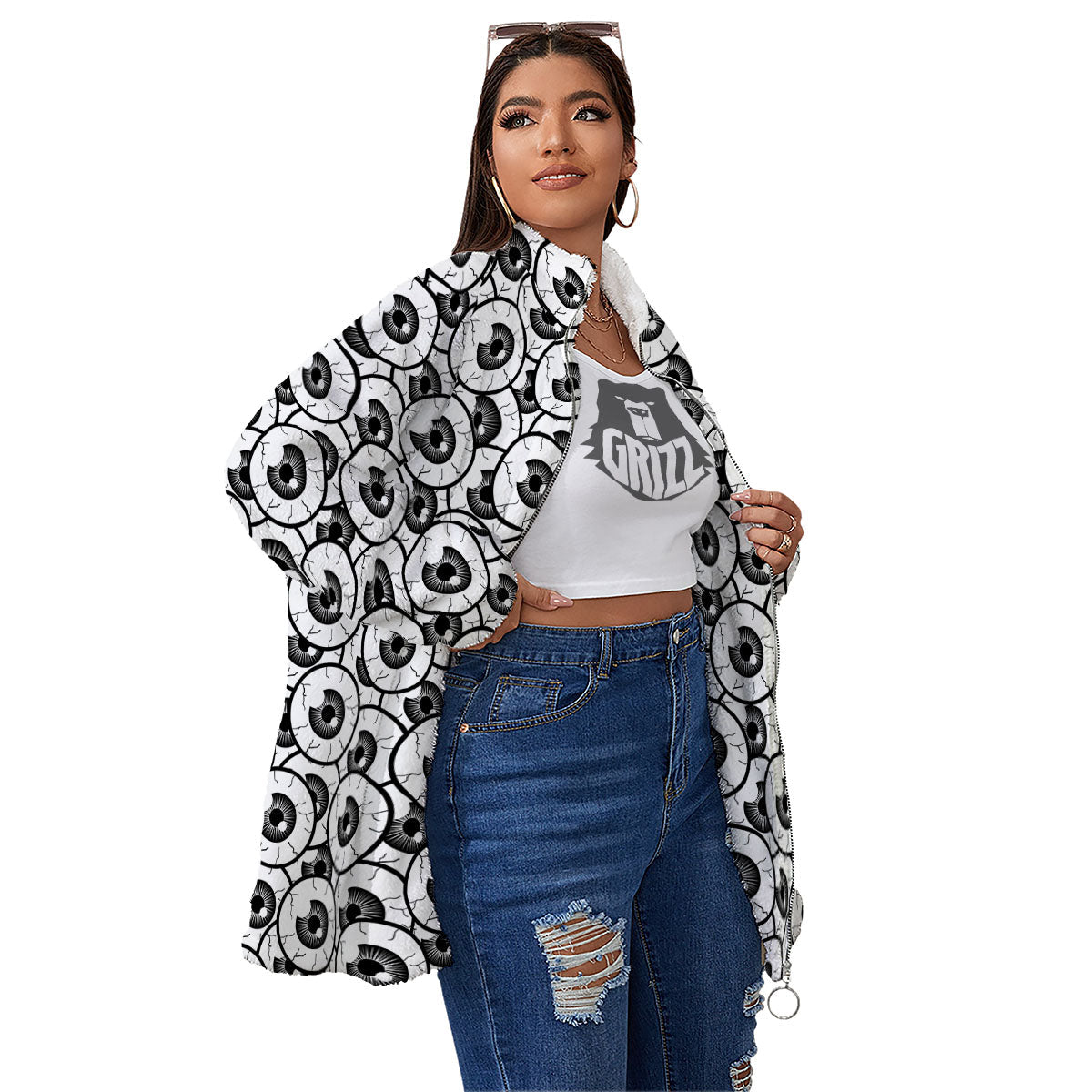 Eyeball Print Pattern Women's Sherpa Jacket-grizzshop