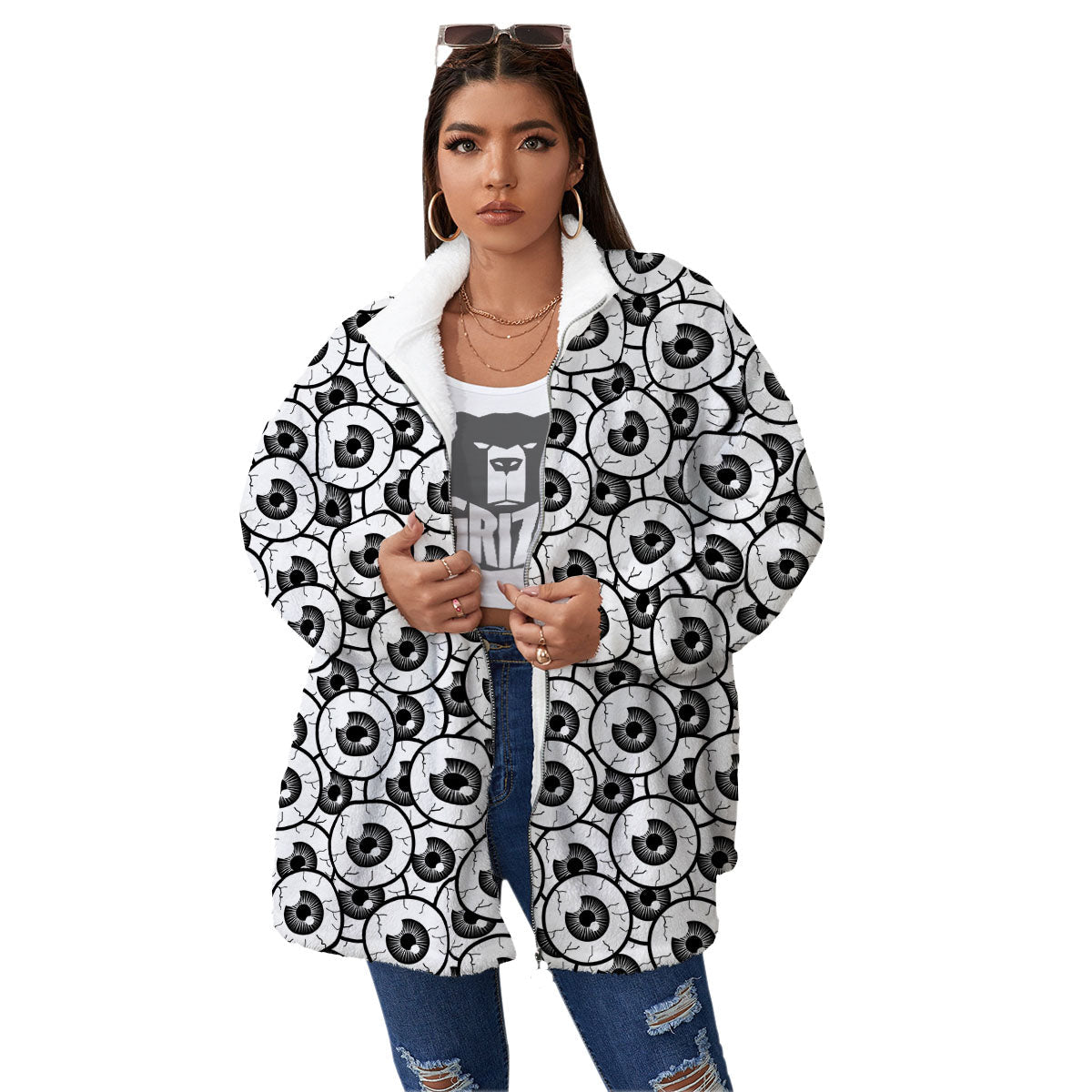 Eyeball Print Pattern Women's Sherpa Jacket-grizzshop