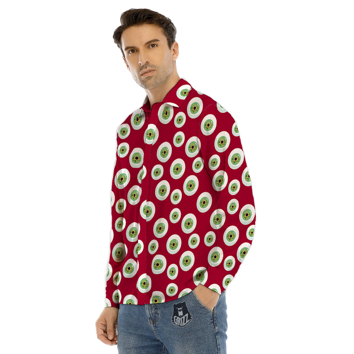 Eyeball Red Creepy Print Pattern Men's Dress Shirts-grizzshop