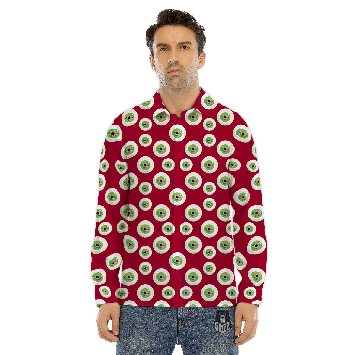 Eyeball Red Creepy Print Pattern Men's Dress Shirts-grizzshop
