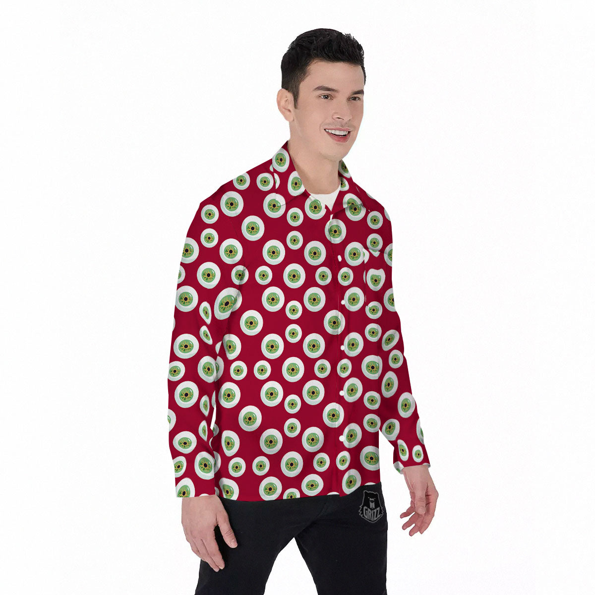 Eyeball Red Creepy Print Pattern Men's Long Sleeve Shirts-grizzshop