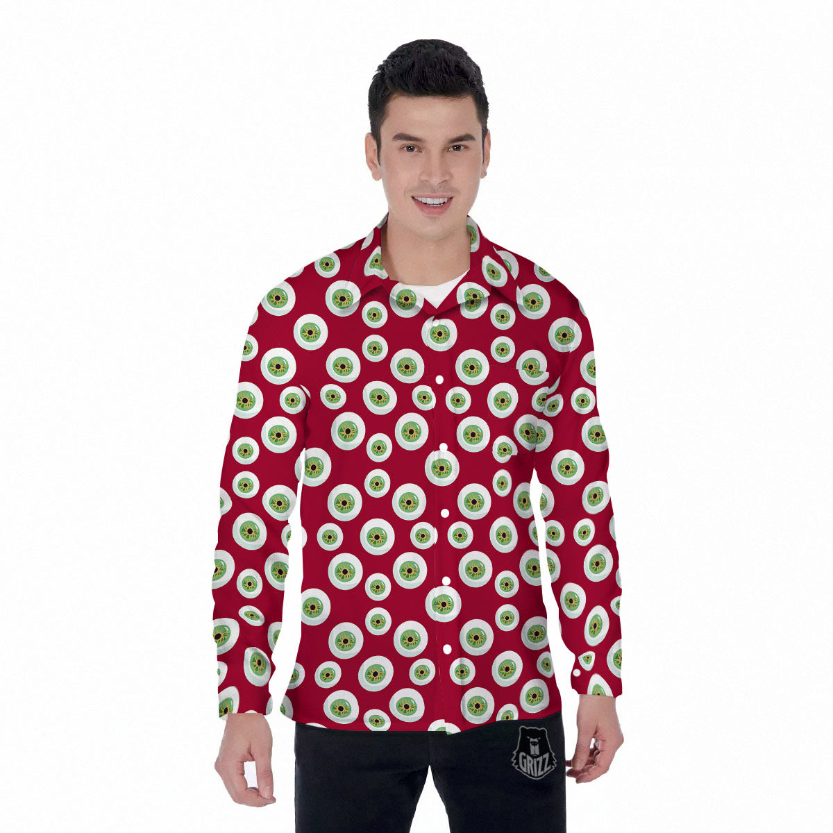 Eyeball Red Creepy Print Pattern Men's Long Sleeve Shirts-grizzshop