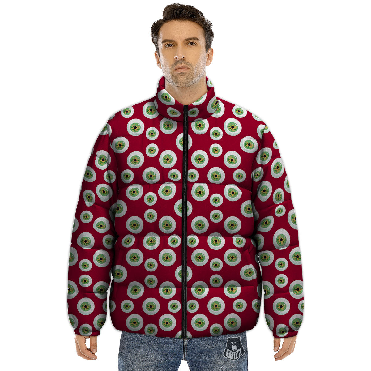 Eyeball Red Creepy Print Pattern Puffer Jacket-grizzshop