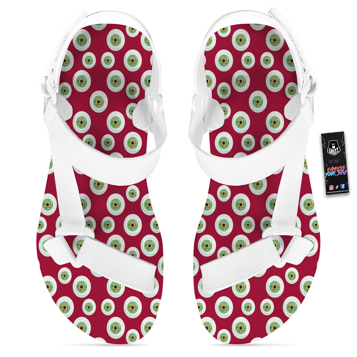 Eyeball Red Creepy Print Pattern White Open Toe Sandals-grizzshop