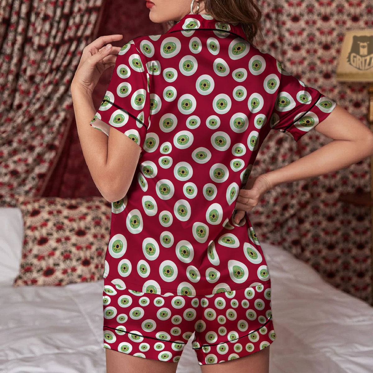 Eyeball Red Creepy Print Pattern Women Silk Pajamas-grizzshop
