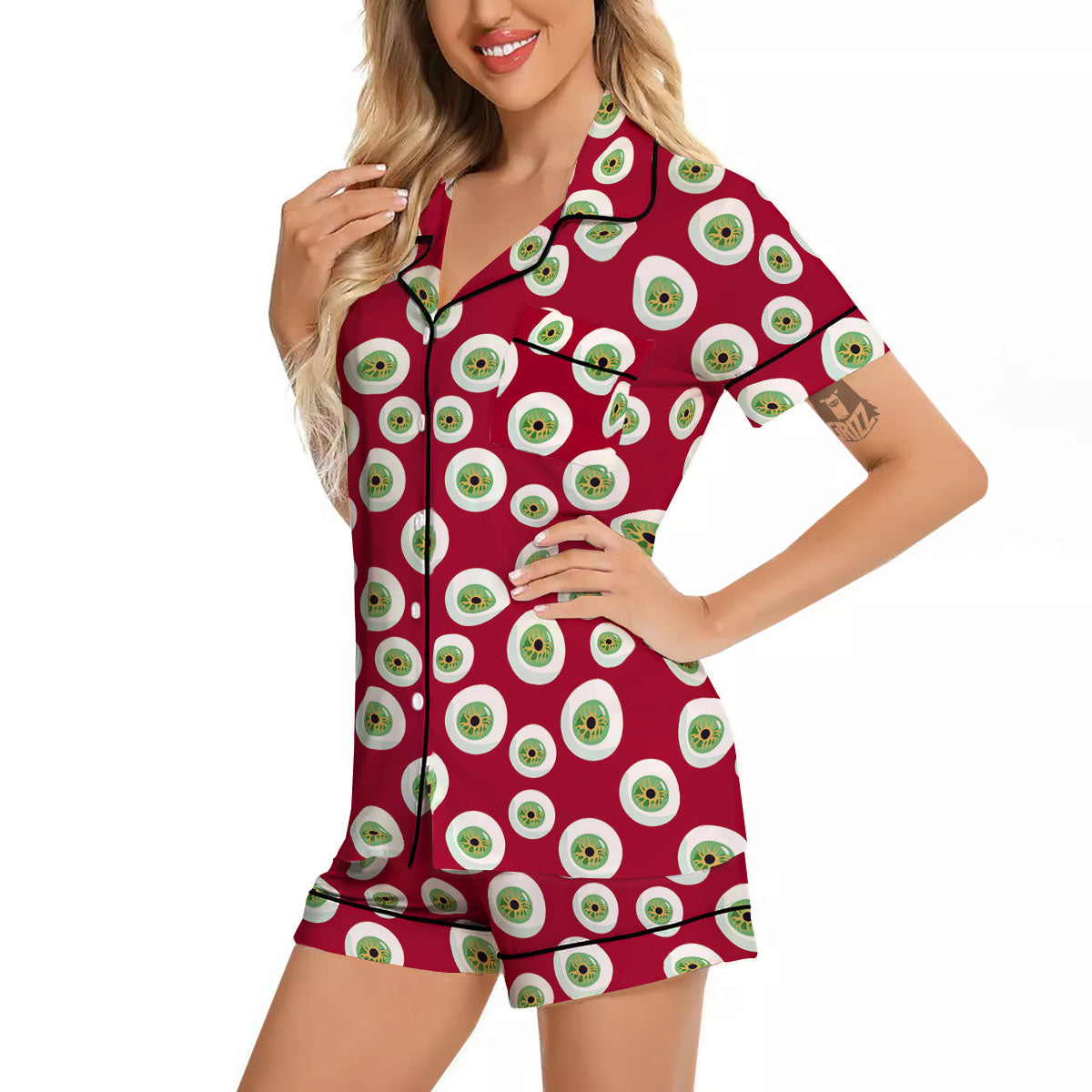 Eyeball Red Creepy Print Pattern Women Silk Pajamas-grizzshop