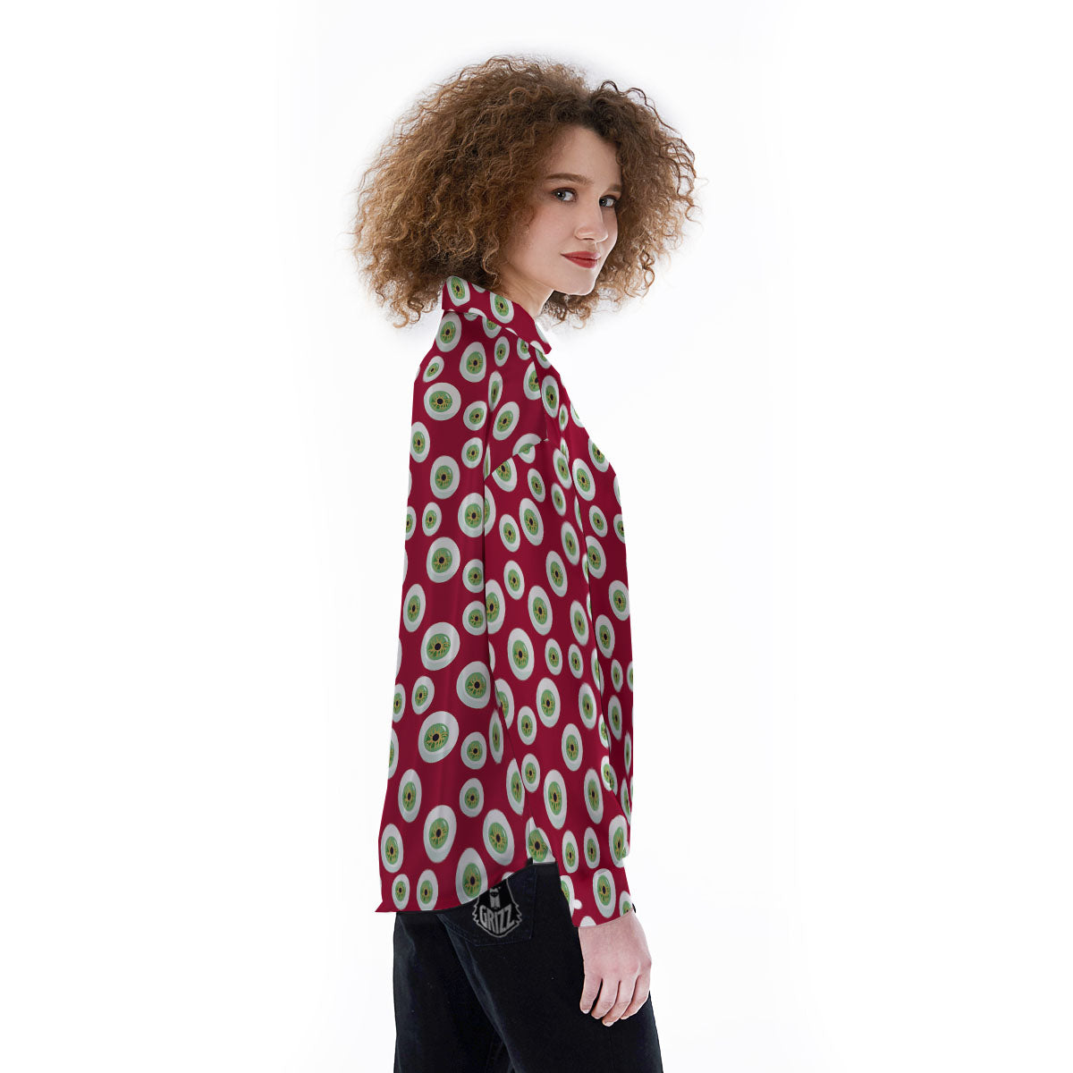 Eyeball Red Creepy Print Pattern Women's Long Sleeve Shirts-grizzshop