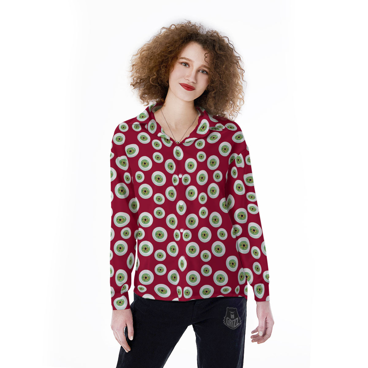 Eyeball Red Creepy Print Pattern Women's Long Sleeve Shirts-grizzshop