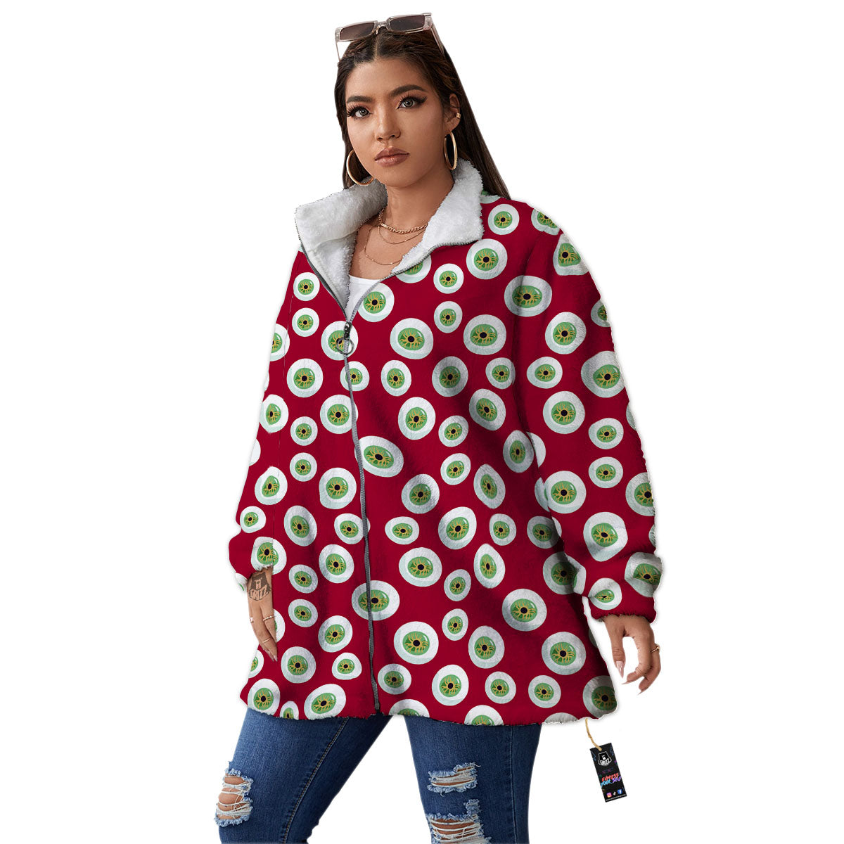 Eyeball Red Creepy Print Pattern Women's Sherpa Jacket-grizzshop