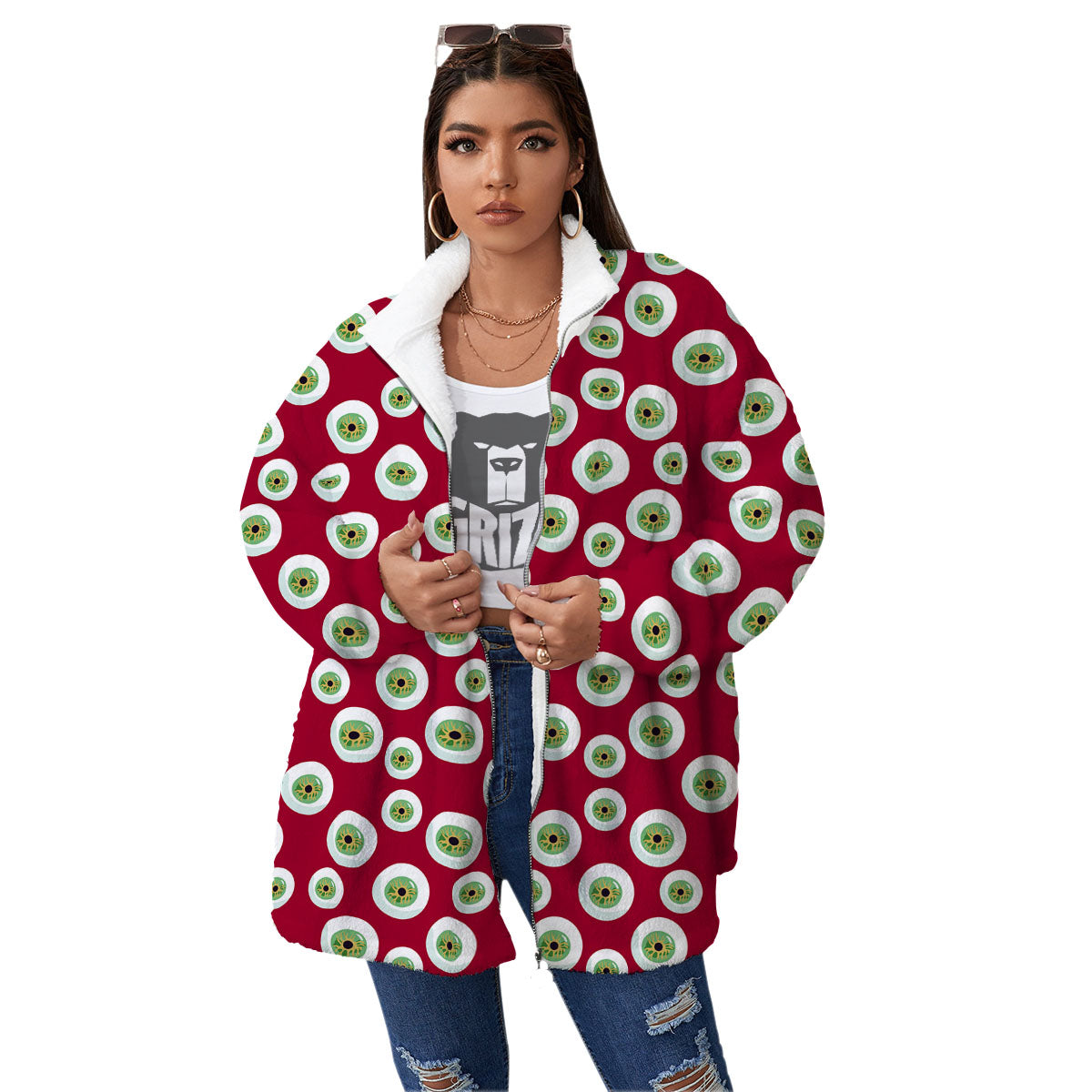 Eyeball Red Creepy Print Pattern Women's Sherpa Jacket-grizzshop