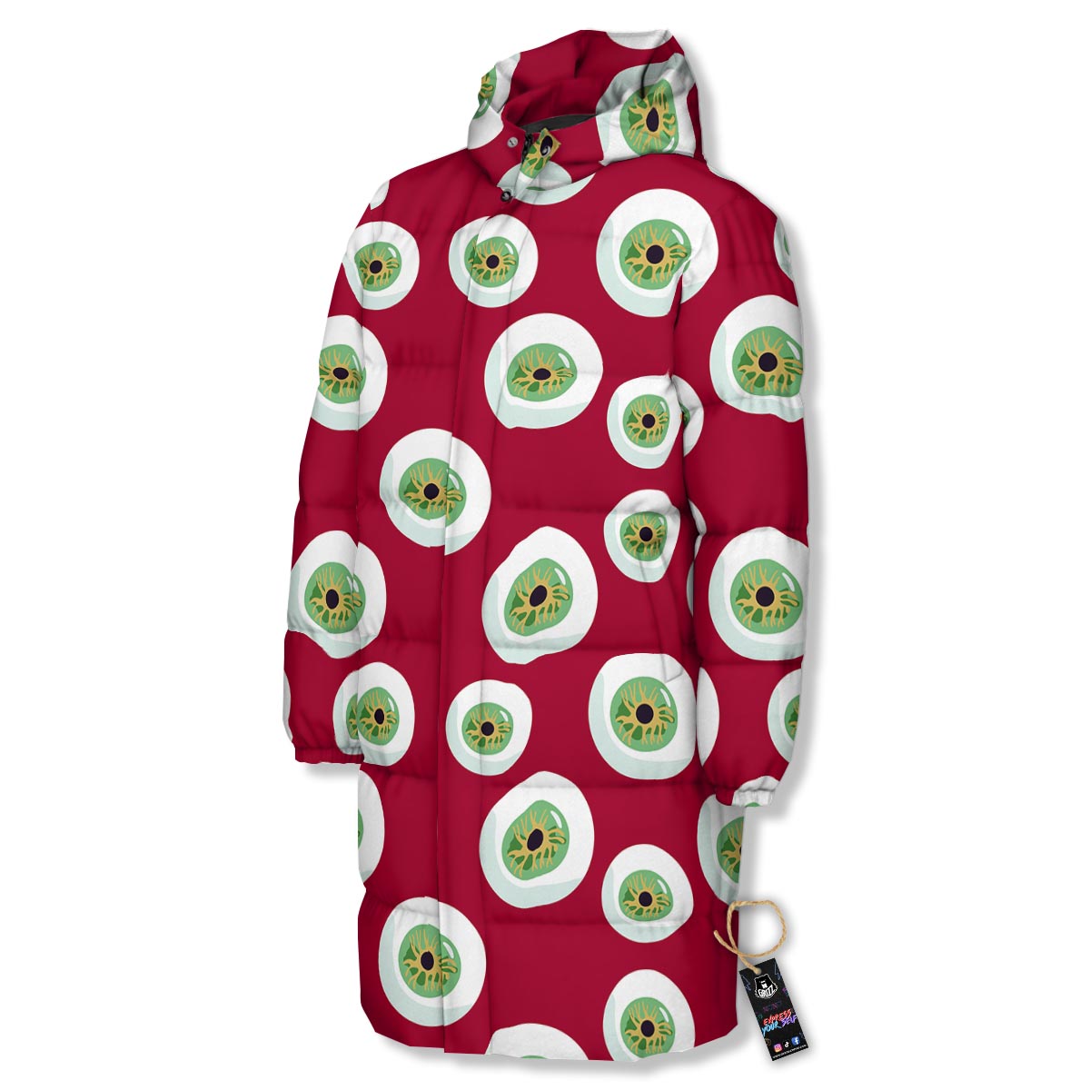 Eyeball Scary Red Print Pattern Long Down Jacket-grizzshop