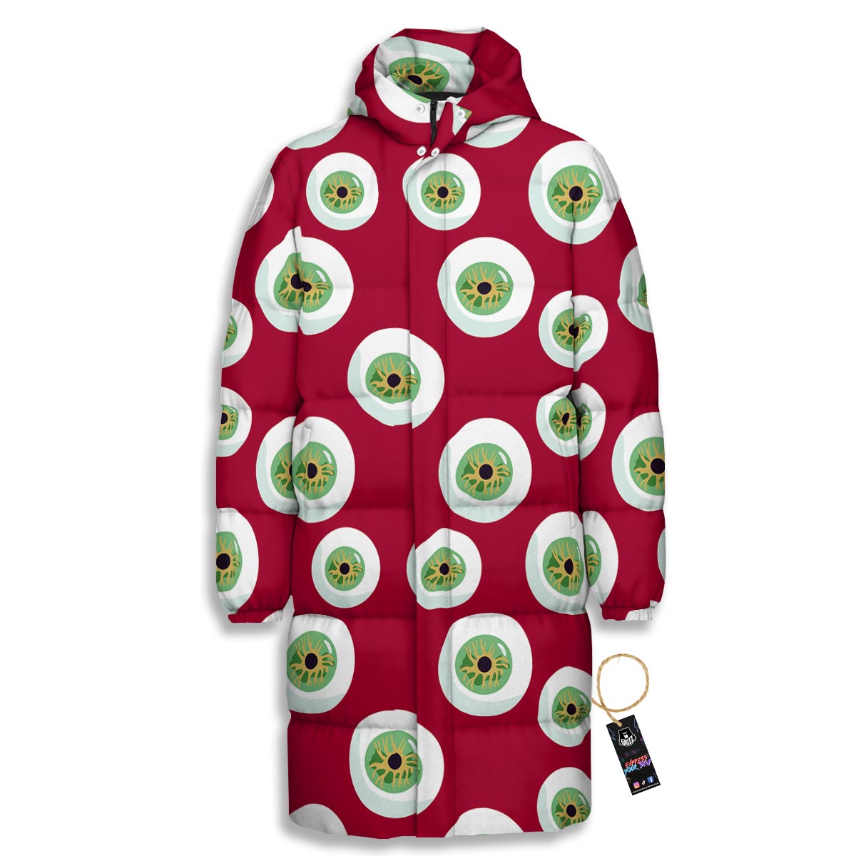 Eyeball Scary Red Print Pattern Long Down Jacket-grizzshop