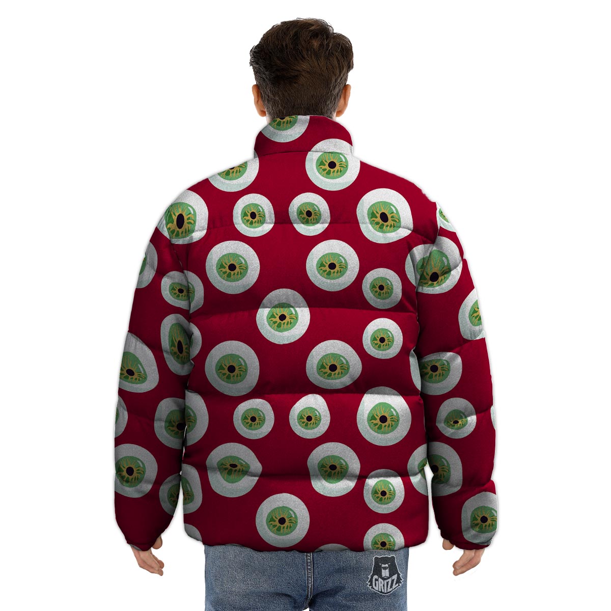 Eyeball Scary Red Print Pattern Puffer Jacket-grizzshop