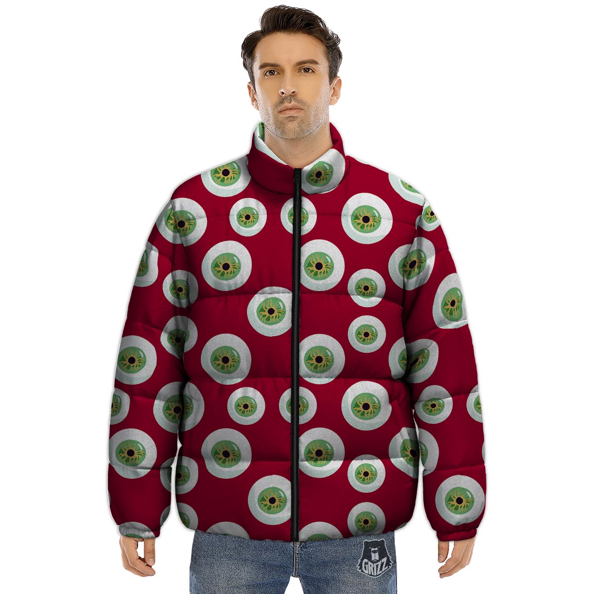 Eyeball Scary Red Print Pattern Puffer Jacket-grizzshop