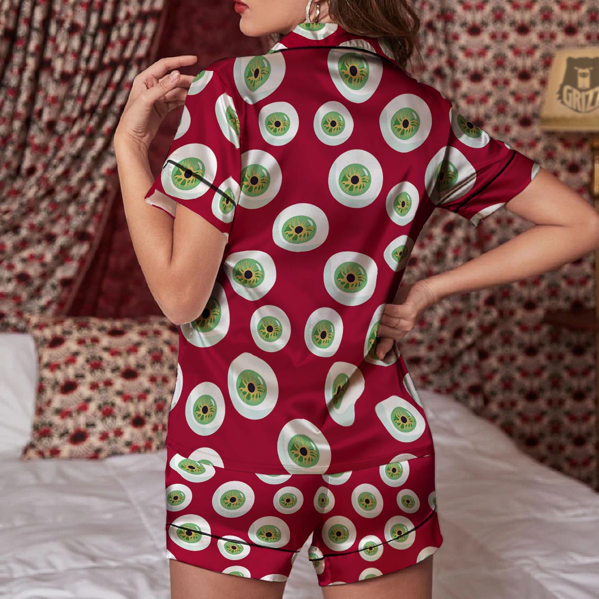 Eyeball Scary Red Print Pattern Women Silk Pajamas-grizzshop