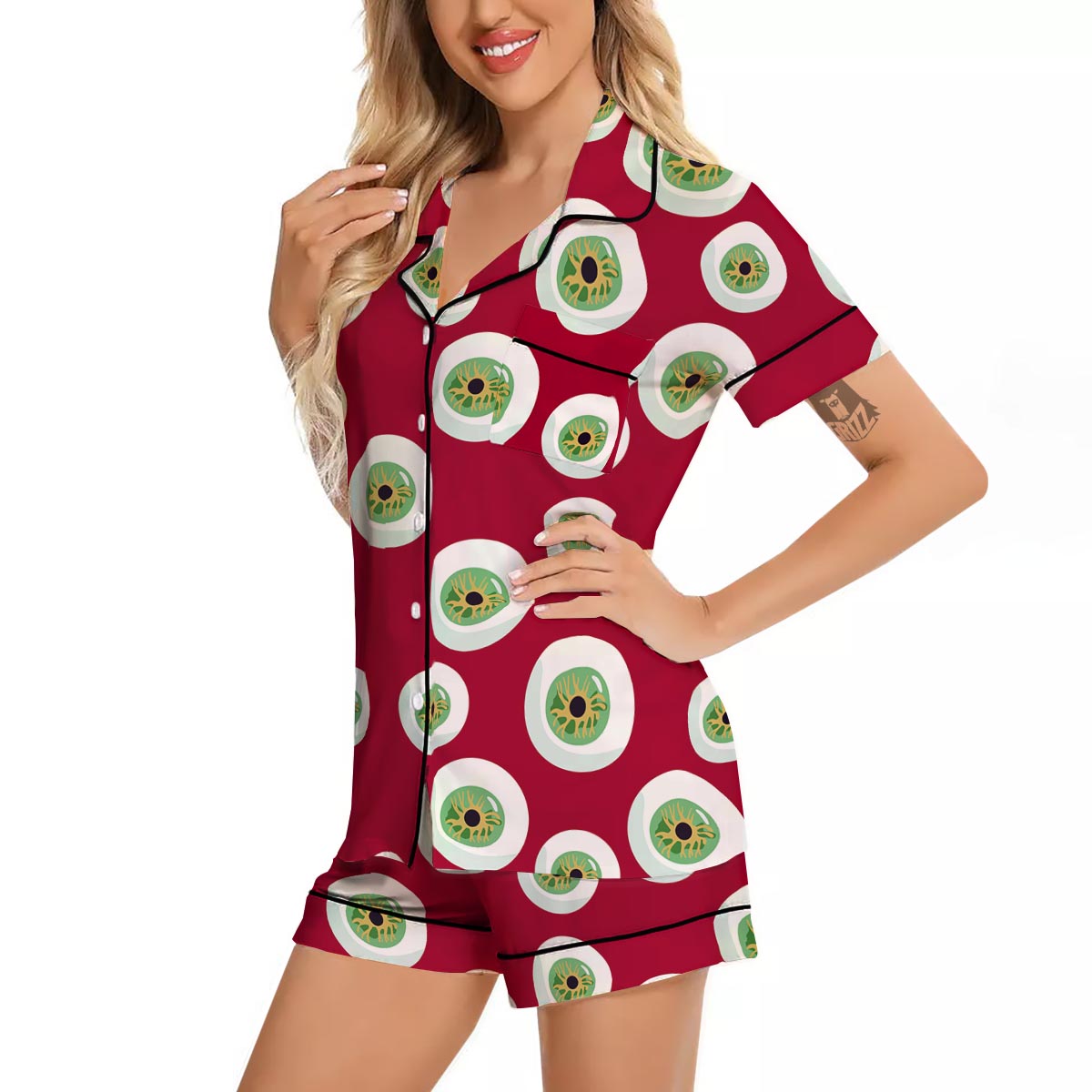Eyeball Scary Red Print Pattern Women Silk Pajamas-grizzshop