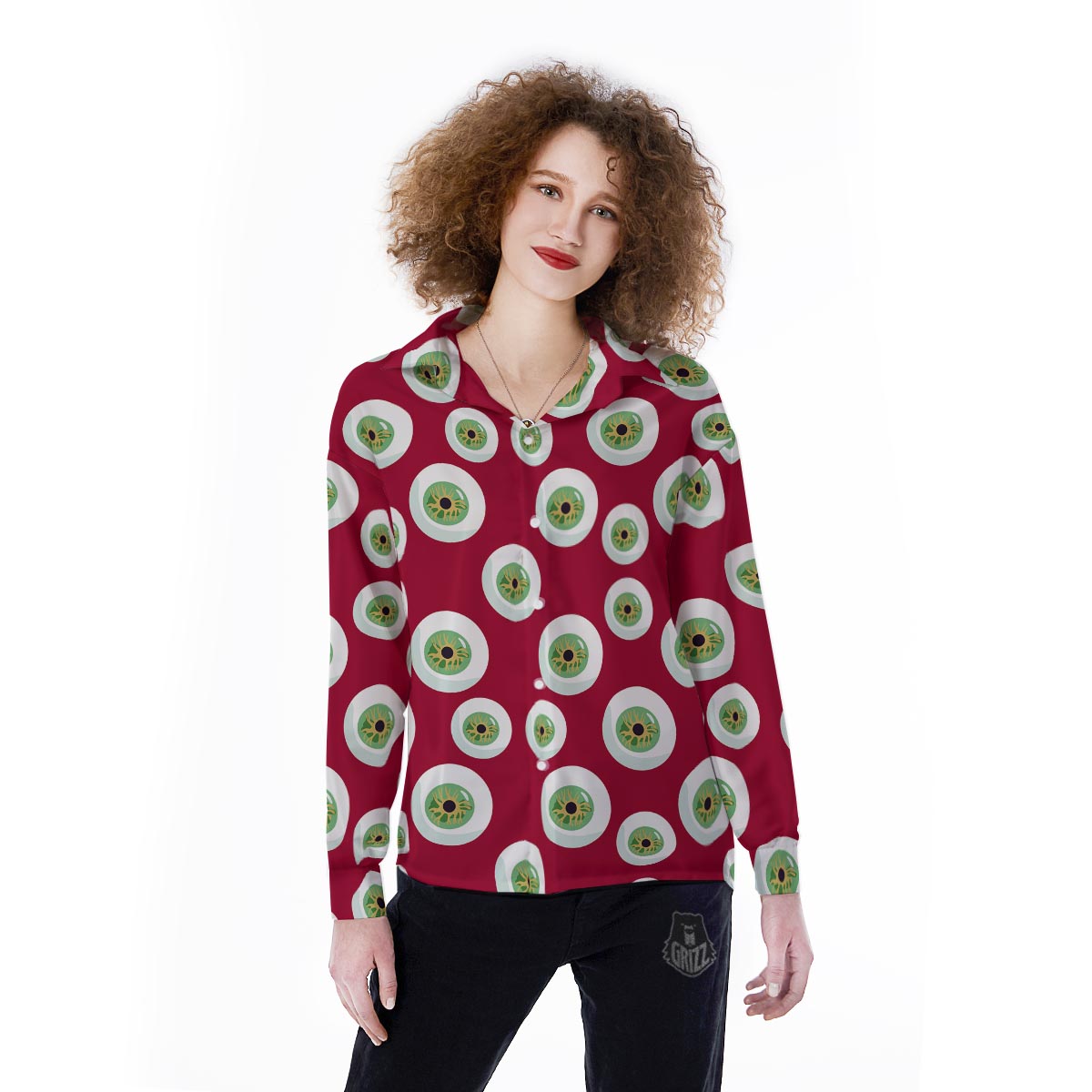 Eyeball Scary Red Print Pattern Women's Long Sleeve Shirts-grizzshop