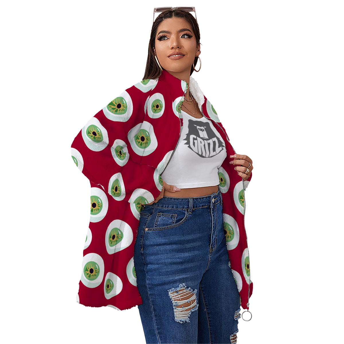 Eyeball Scary Red Print Pattern Women's Sherpa Jacket-grizzshop