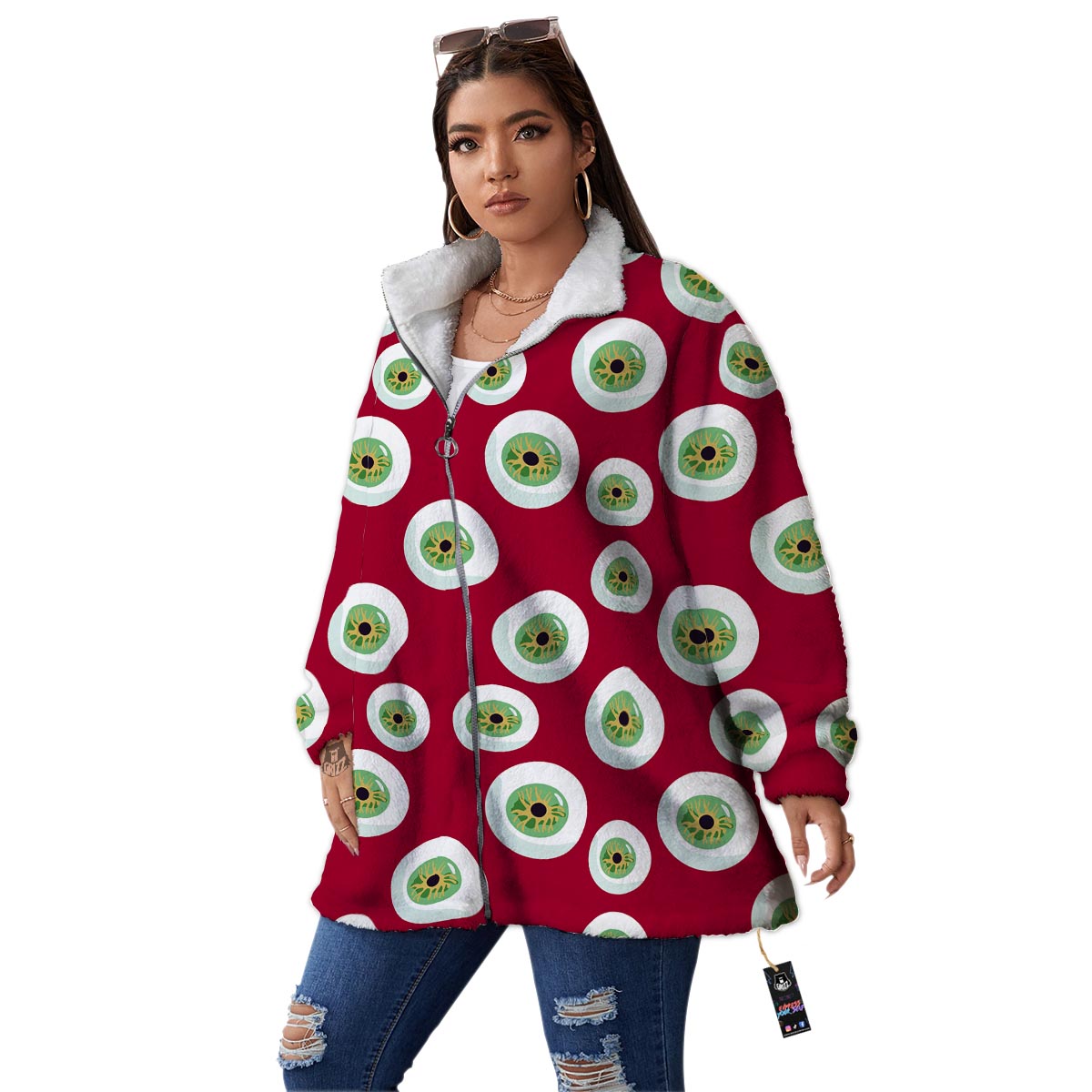 Eyeball Scary Red Print Pattern Women's Sherpa Jacket-grizzshop