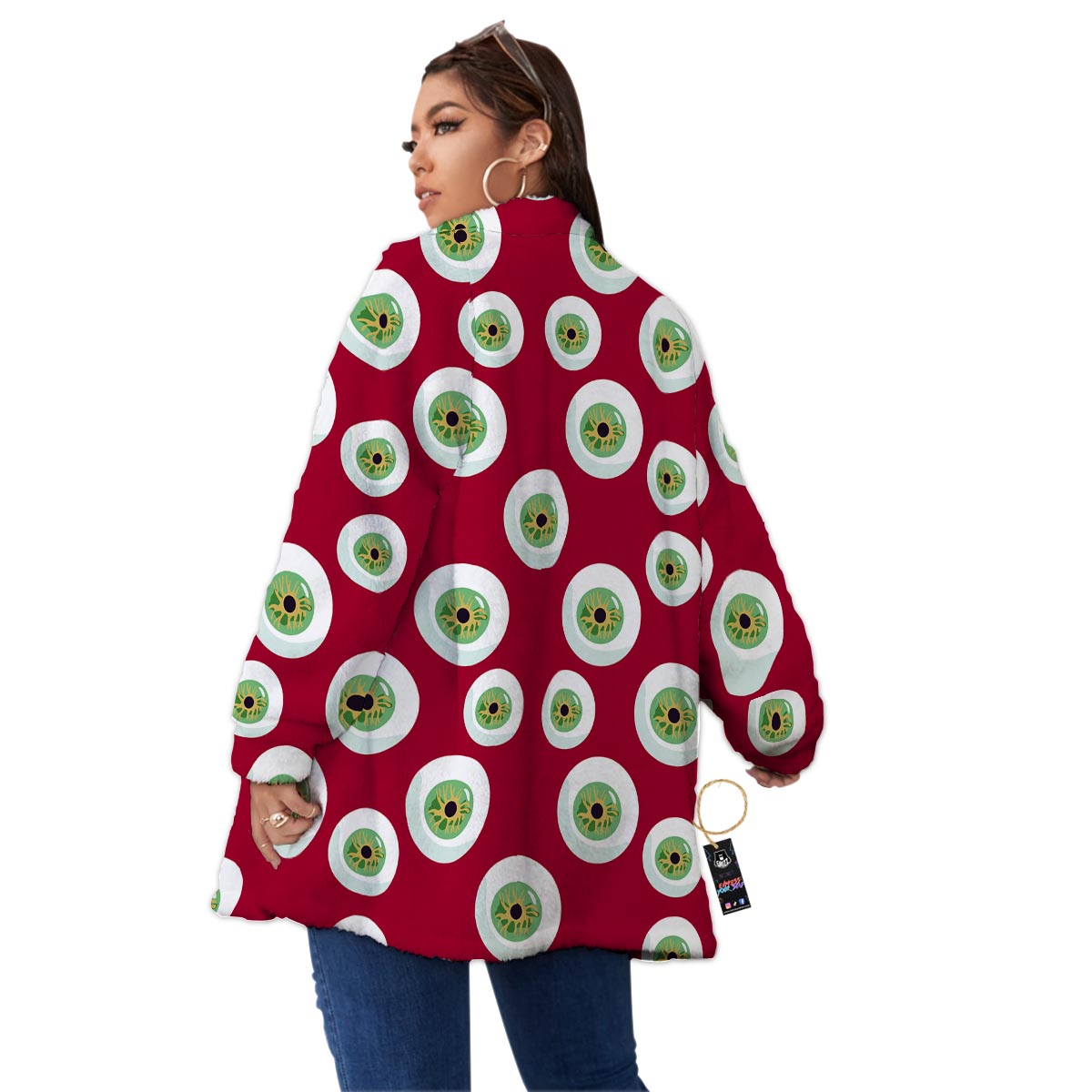 Eyeball Scary Red Print Pattern Women's Sherpa Jacket-grizzshop