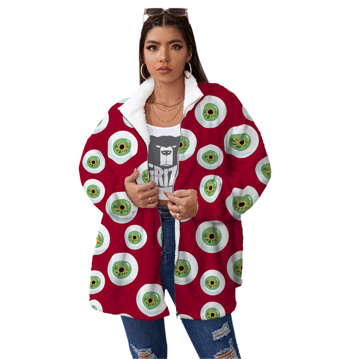 Eyeball Scary Red Print Pattern Women's Sherpa Jacket-grizzshop