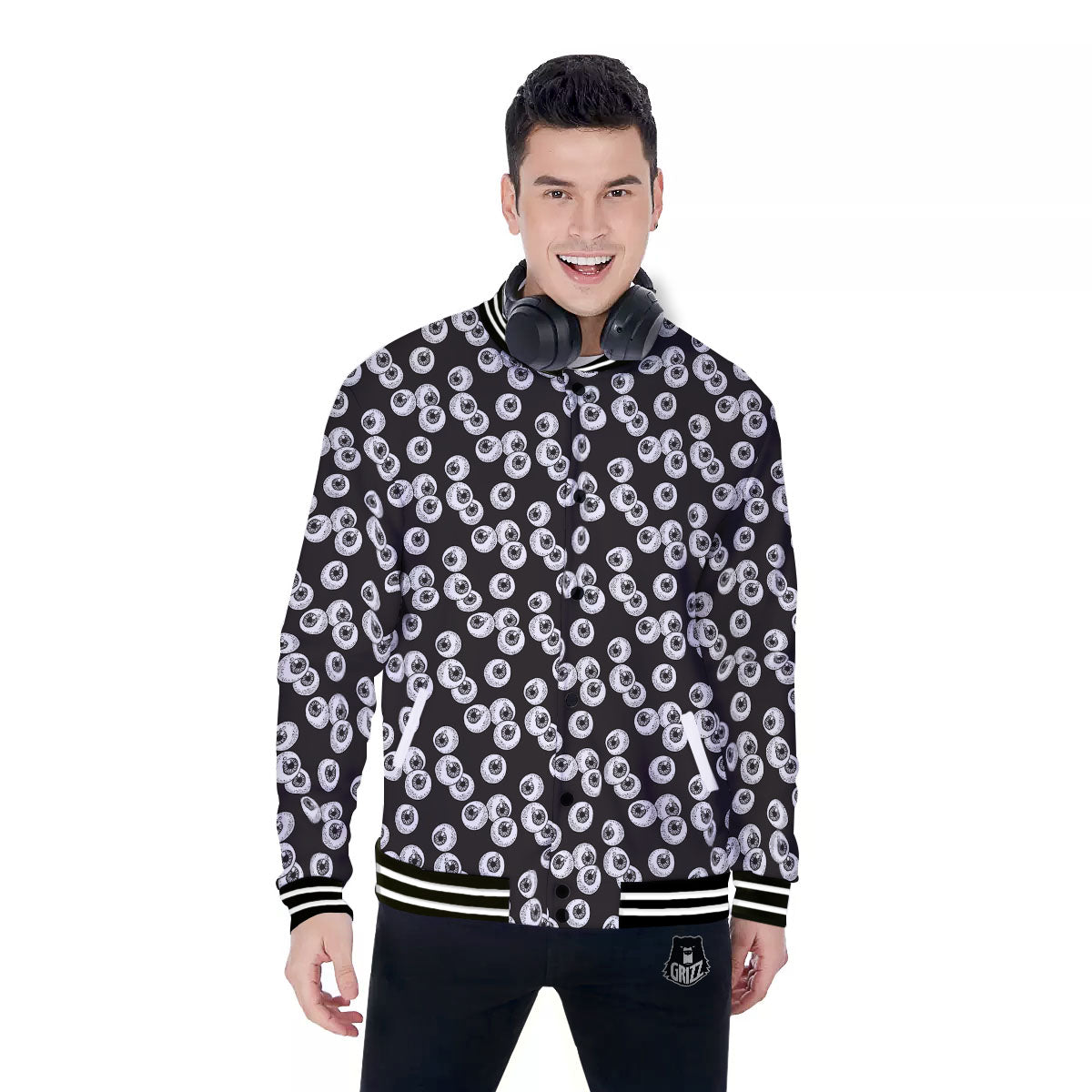 Eyeball White And Black Print Pattern Baseball Jacket-grizzshop