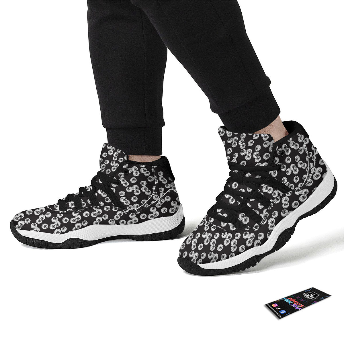 Eyeball White And Black Print Pattern Black Bball Shoes-grizzshop