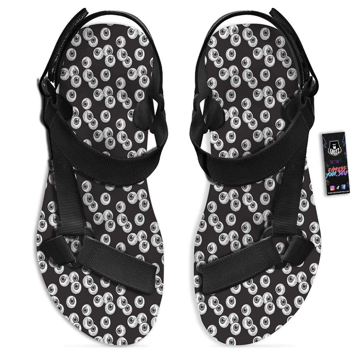 Eyeball White And Black Print Pattern Black Open Toe Sandals-grizzshop