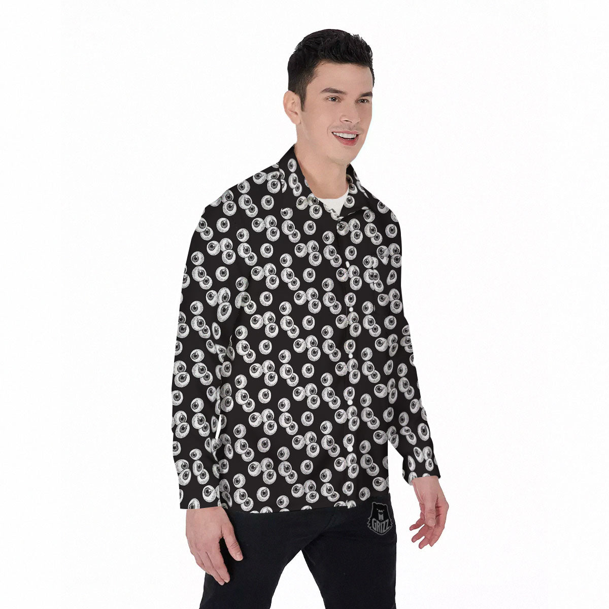 Eyeball White And Black Print Pattern Men's Long Sleeve Shirts-grizzshop