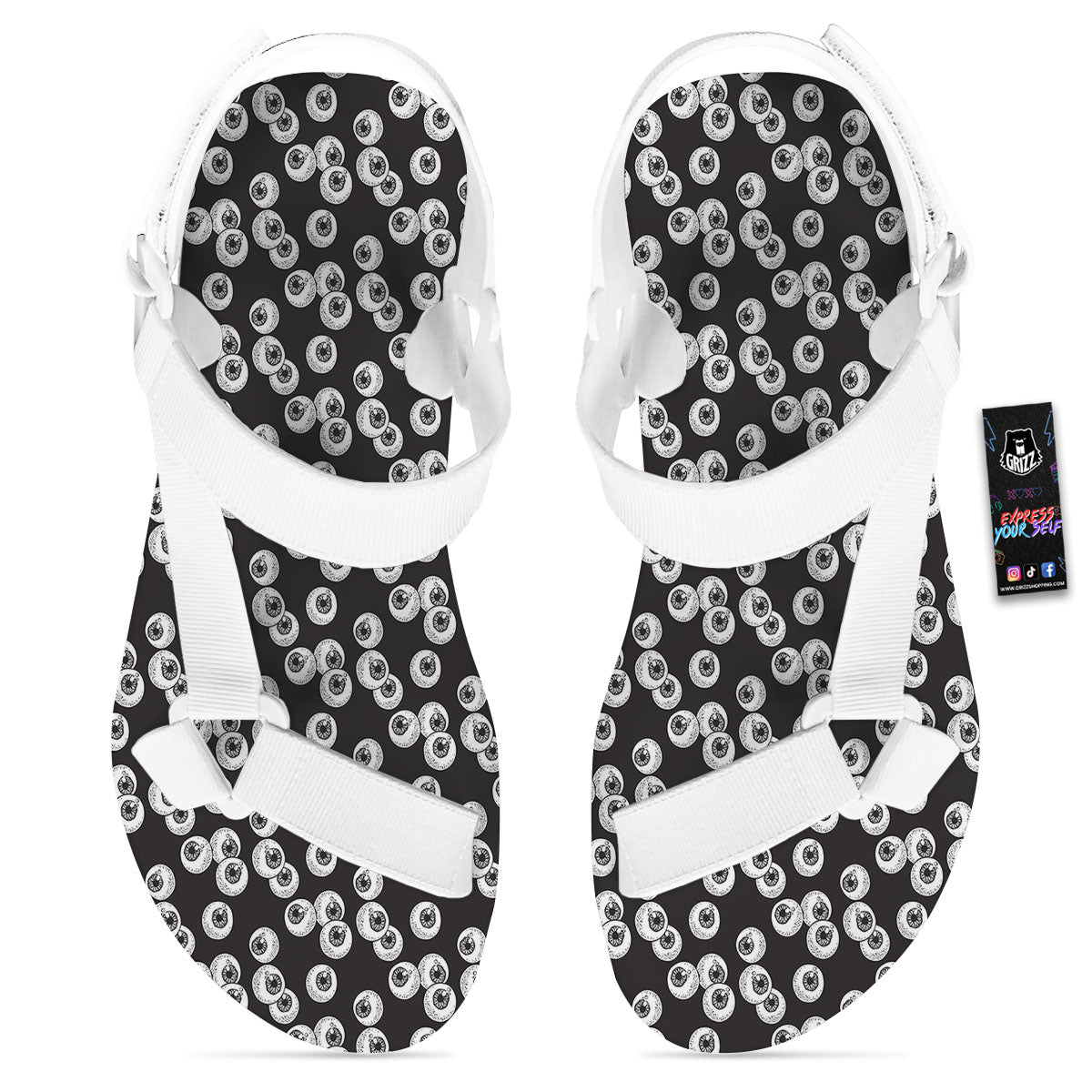 Eyeball White And Black Print Pattern White Open Toe Sandals-grizzshop