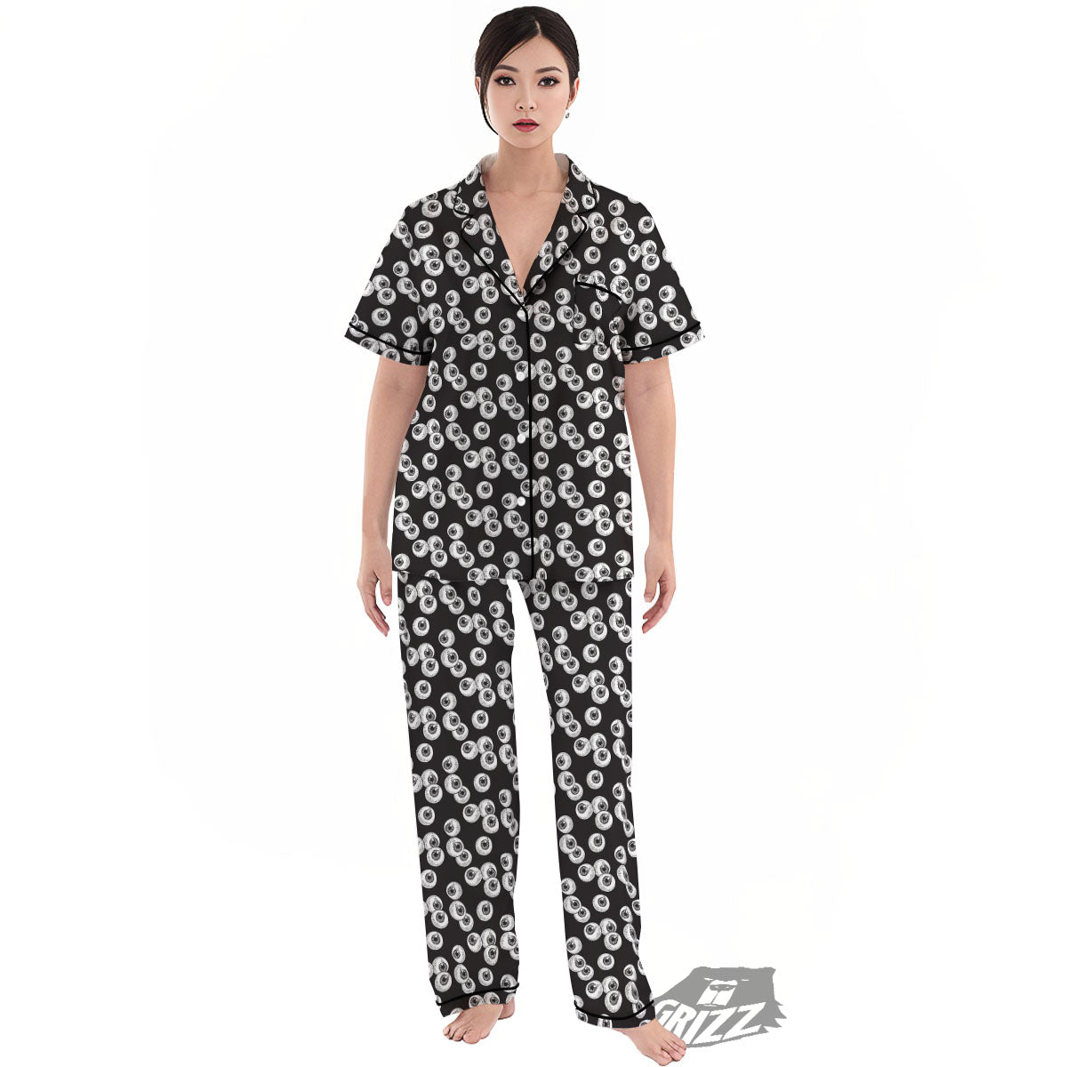 Eyeball White And Black Print Pattern Women's Pajamas Set-grizzshop