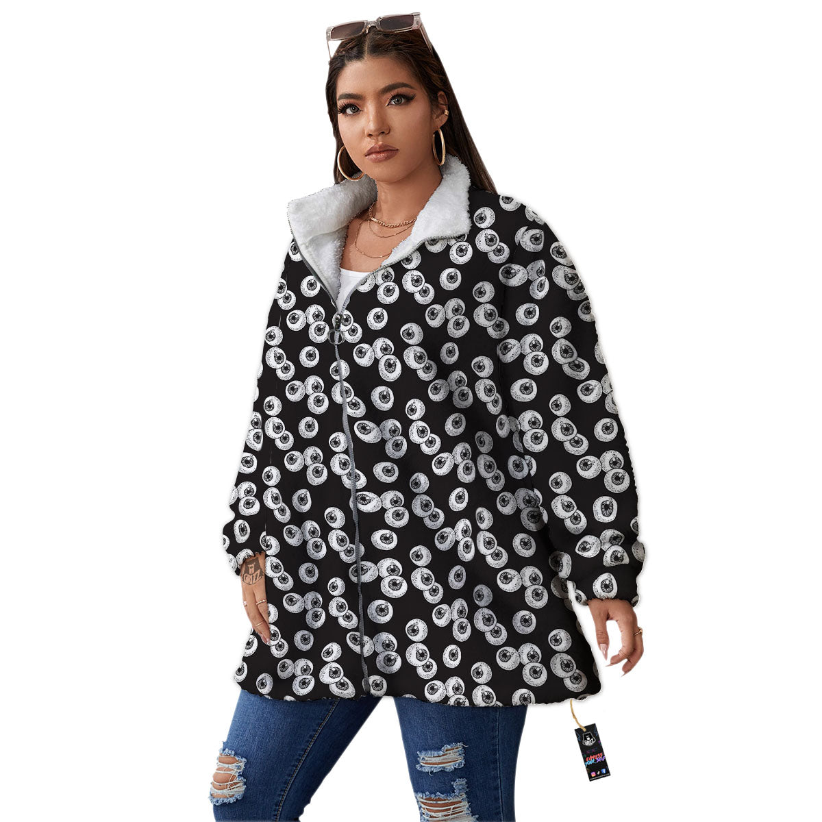Eyeball White And Black Print Pattern Women's Sherpa Jacket-grizzshop