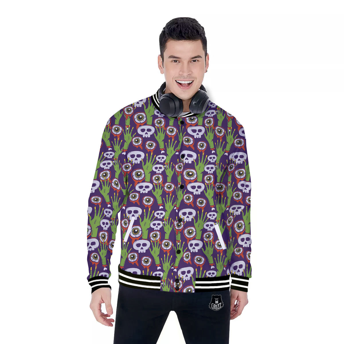 Eyeball Zombie Print Pattern Baseball Jacket-grizzshop