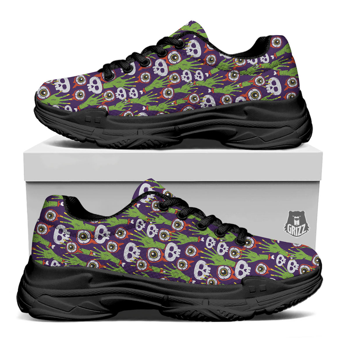 Eyeball Zombie Print Pattern Black Chunky Shoes-grizzshop