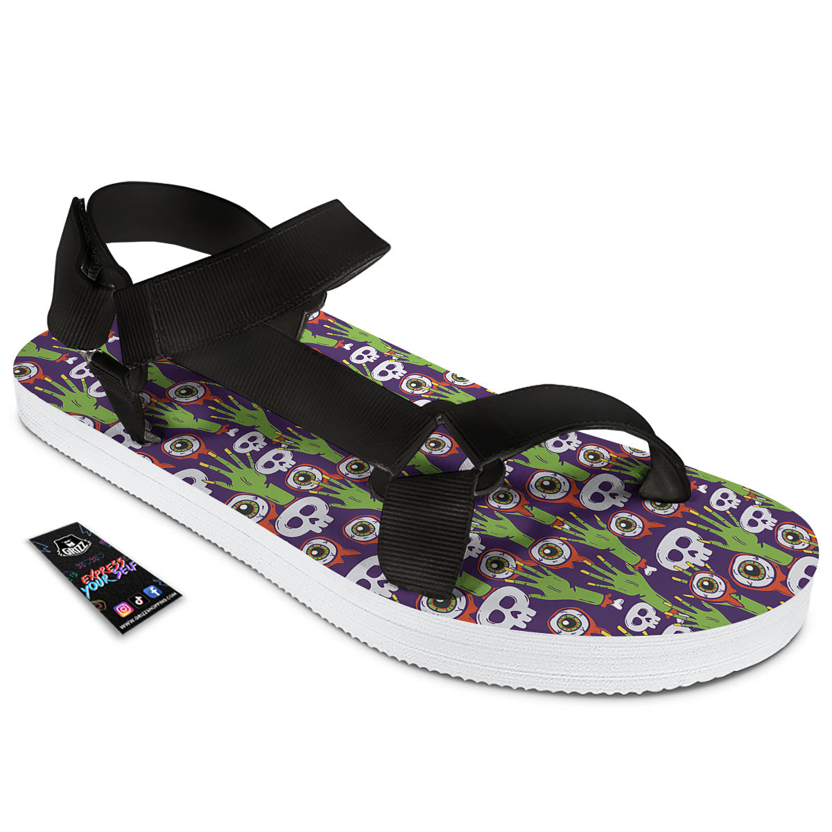 Eyeball Zombie Print Pattern Black Open Toe Sandals-grizzshop