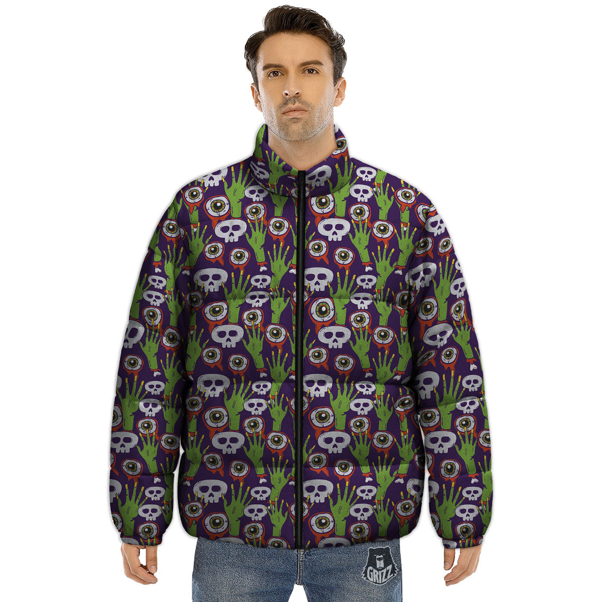Eyeball Zombie Print Pattern Puffer Jacket-grizzshop