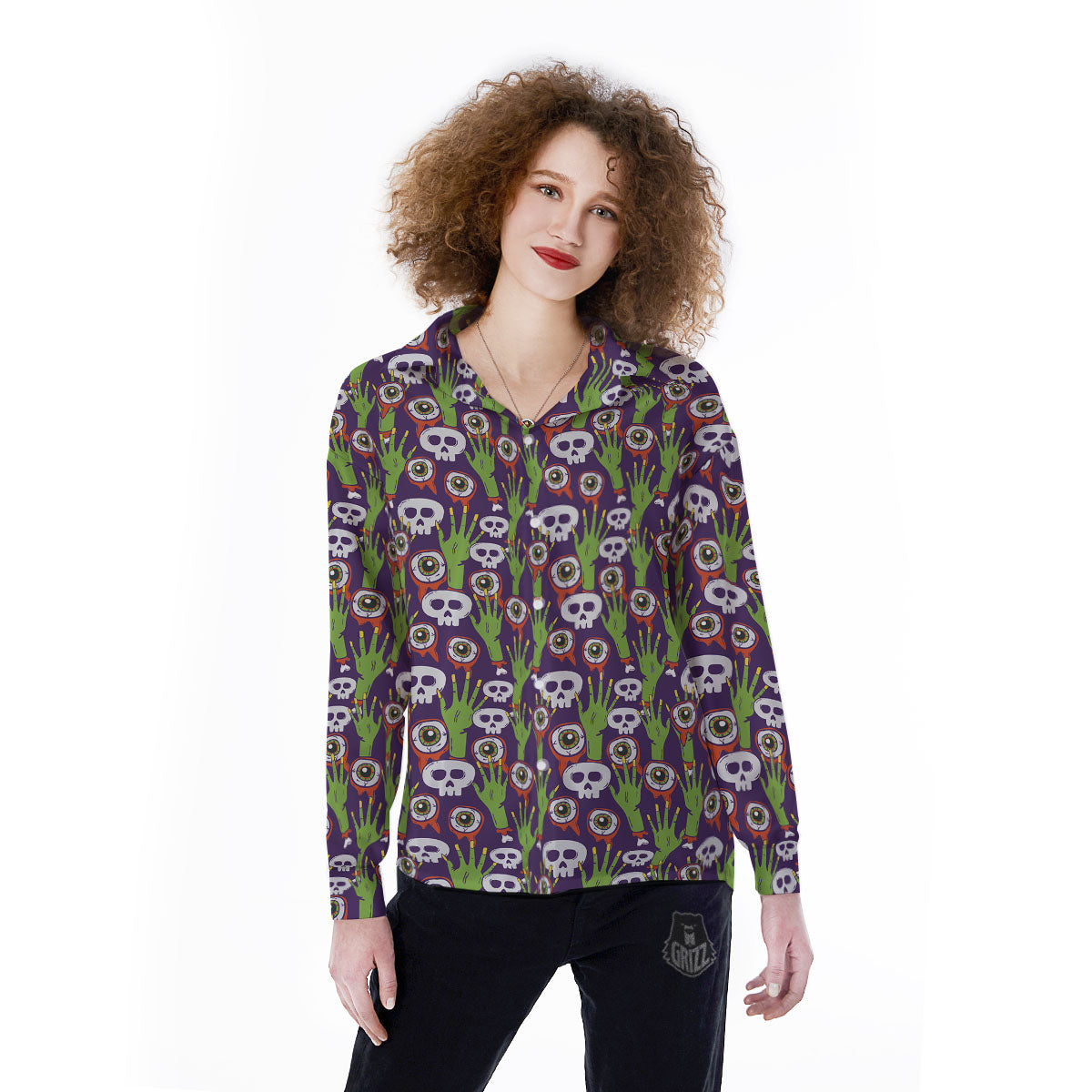 Eyeball Zombie Print Pattern Women's Long Sleeve Shirts-grizzshop