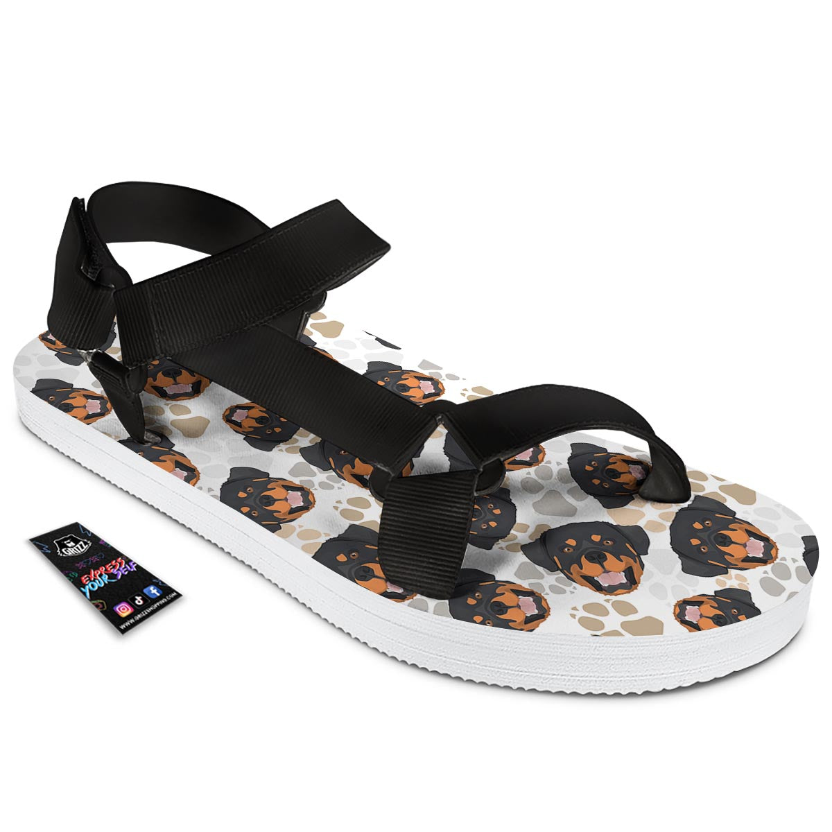 Face Rottweiler Print Pattern Black Open Toe Sandals-grizzshop