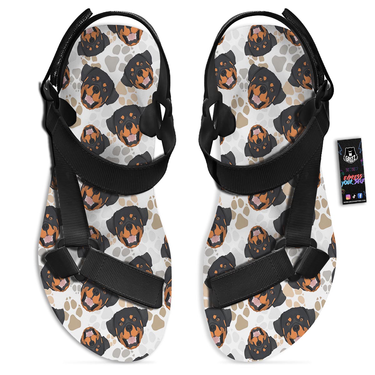 Face Rottweiler Print Pattern Black Open Toe Sandals-grizzshop