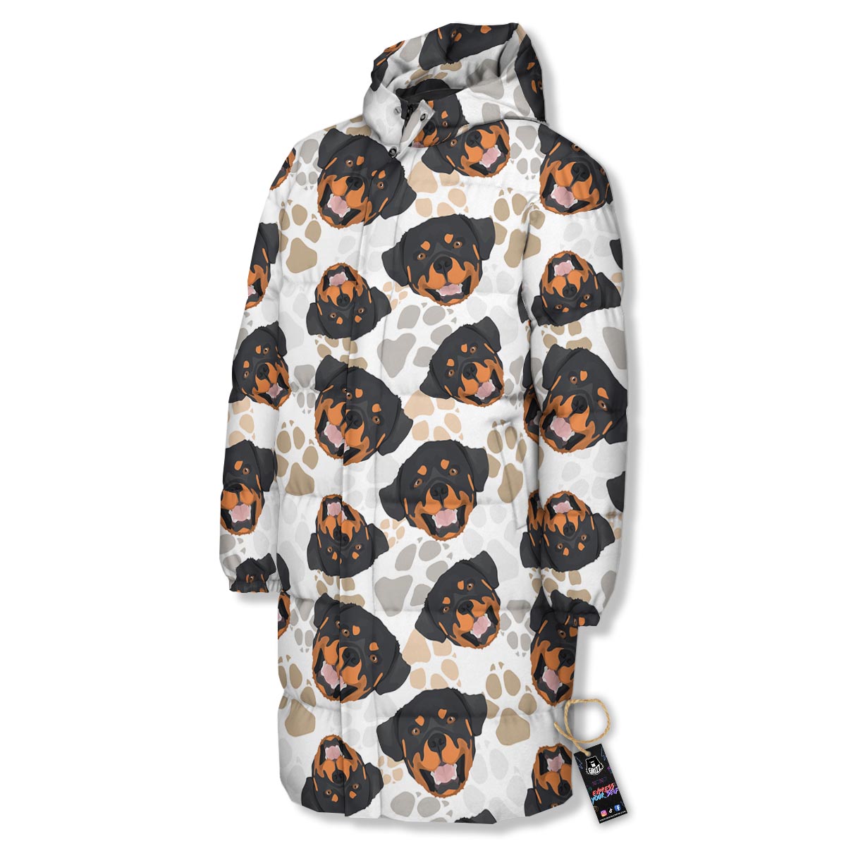 Face Rottweiler Print Pattern Long Down Jacket-grizzshop