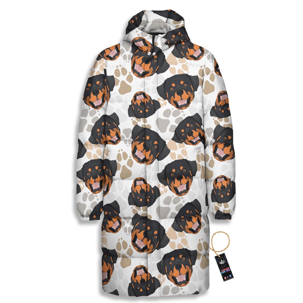 Face Rottweiler Print Pattern Long Down Jacket-grizzshop