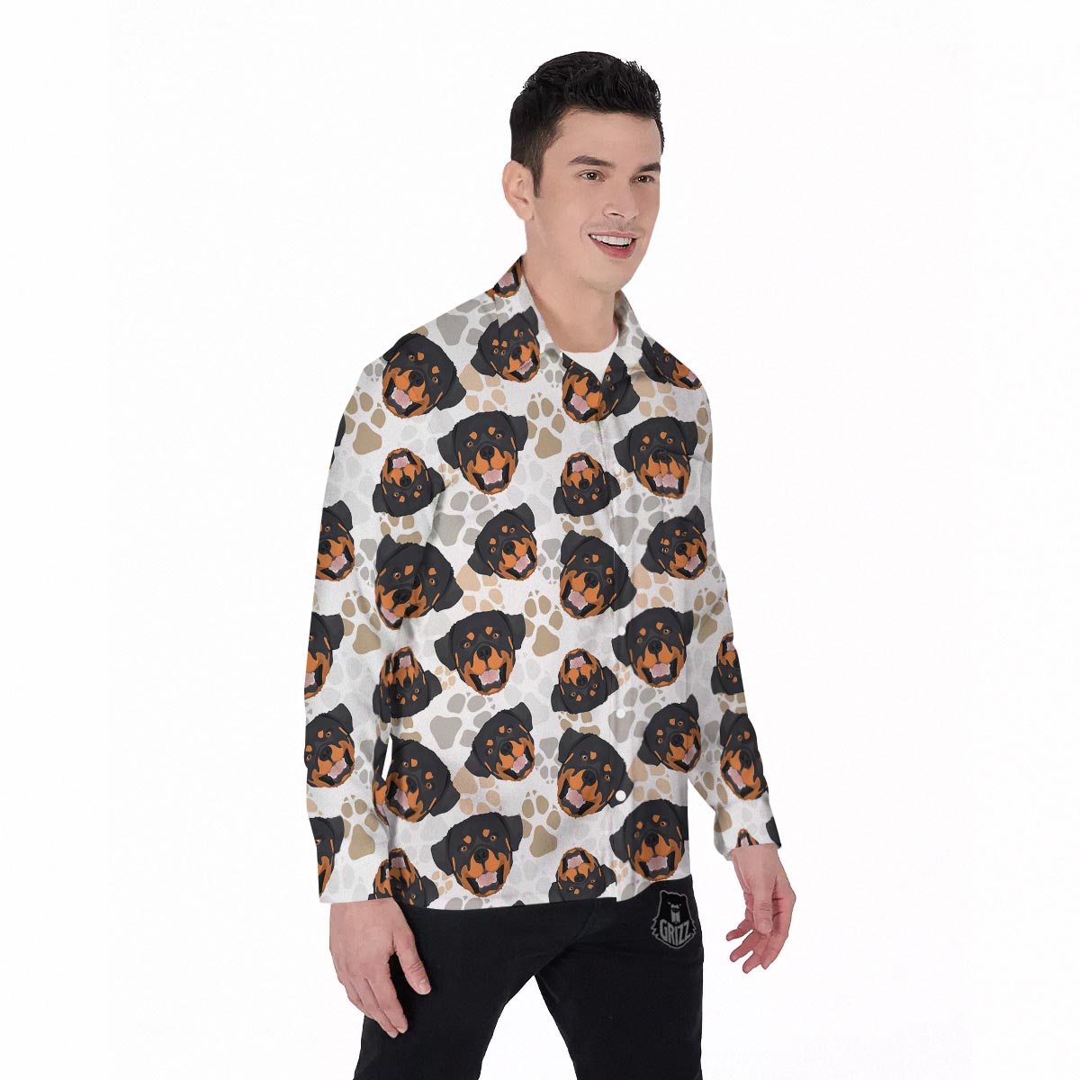 Face Rottweiler Print Pattern Men's Long Sleeve Shirts-grizzshop