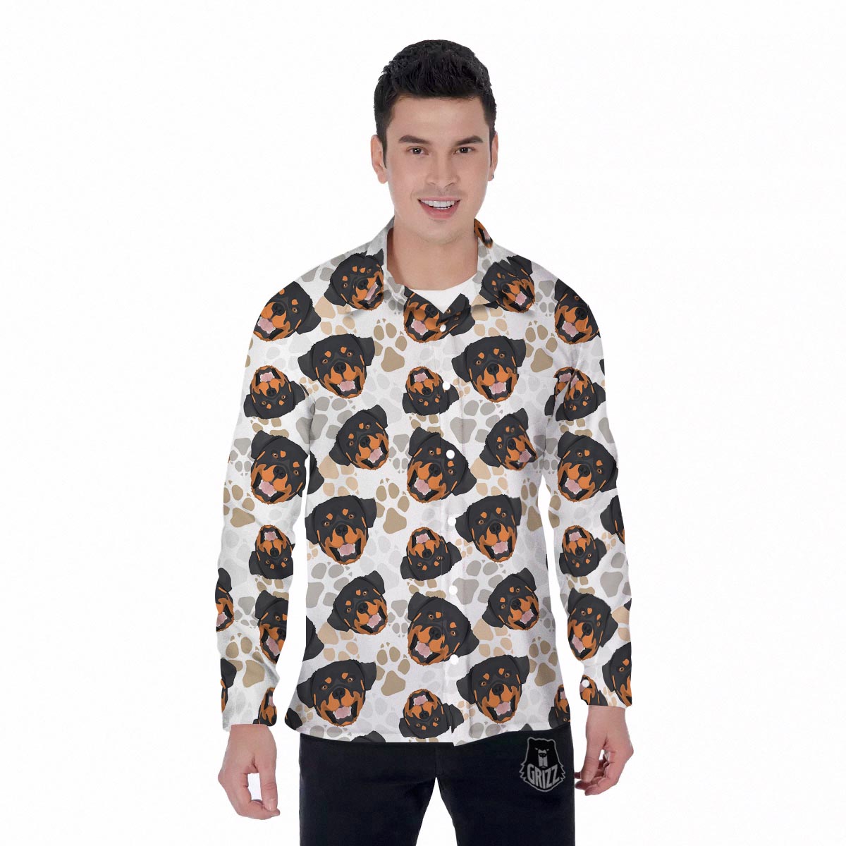 Face Rottweiler Print Pattern Men's Long Sleeve Shirts-grizzshop
