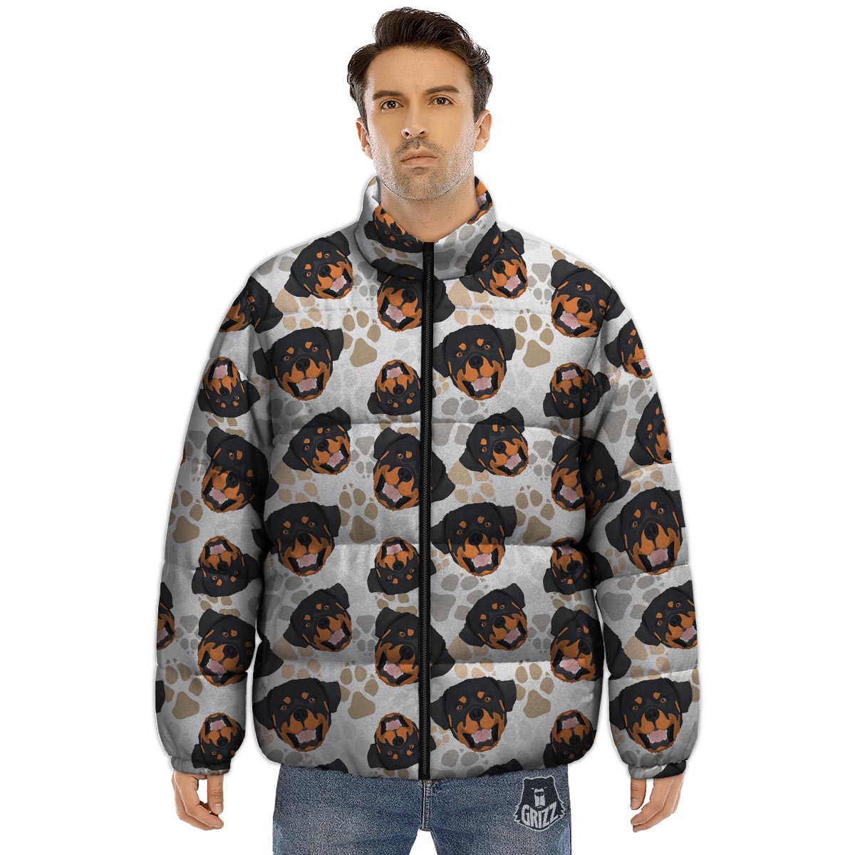 Face Rottweiler Print Pattern Puffer Jacket-grizzshop