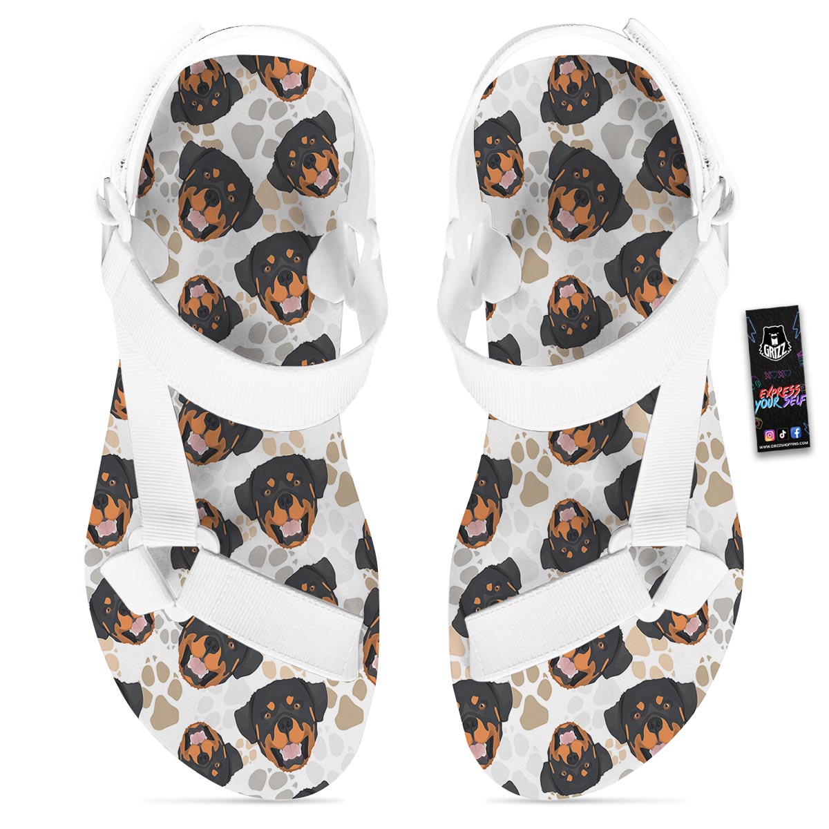 Face Rottweiler Print Pattern White Open Toe Sandals-grizzshop