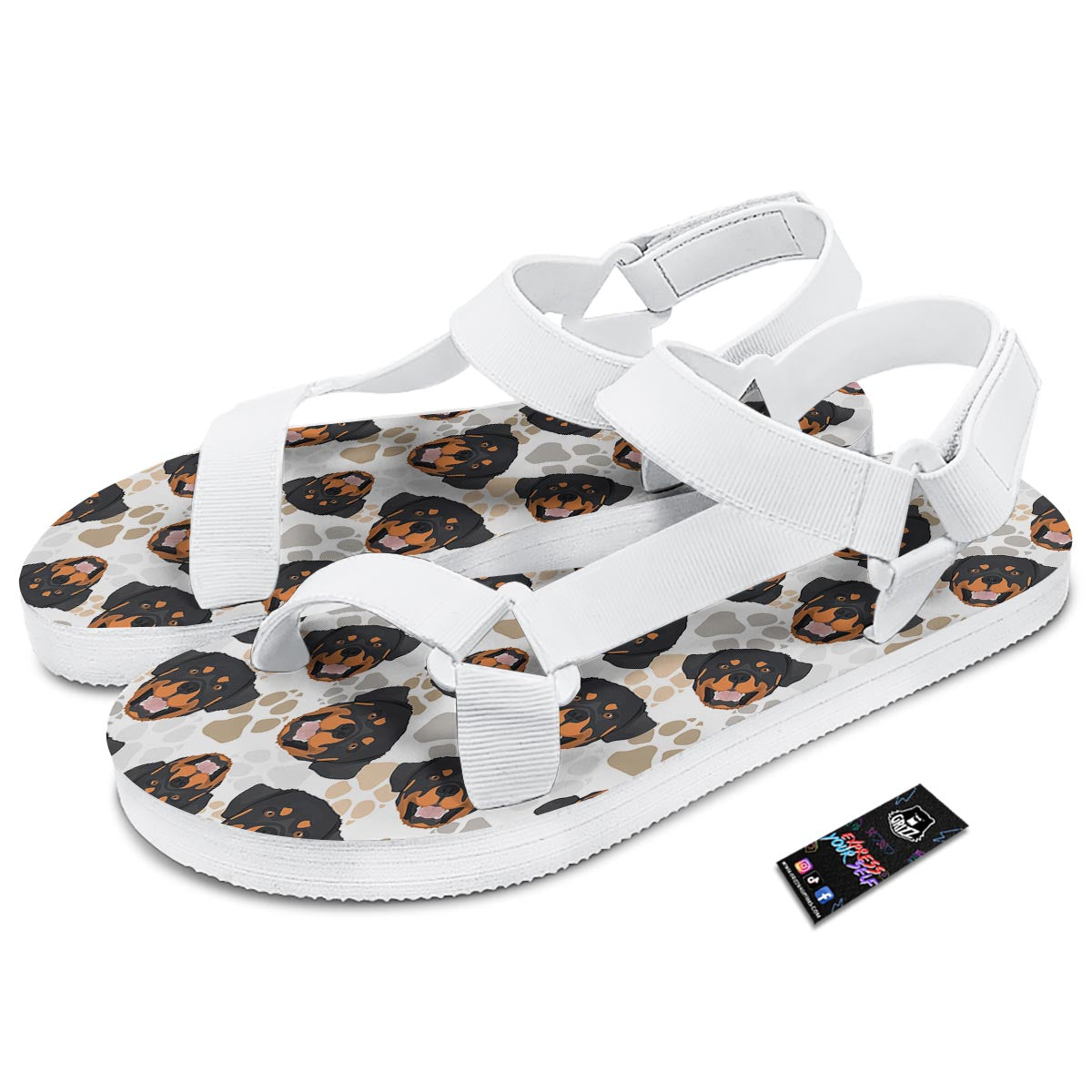 Face Rottweiler Print Pattern White Open Toe Sandals-grizzshop