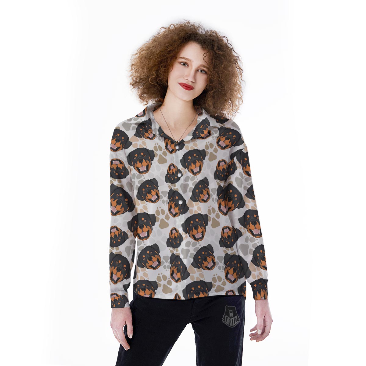 Face Rottweiler Print Pattern Women's Long Sleeve Shirts-grizzshop
